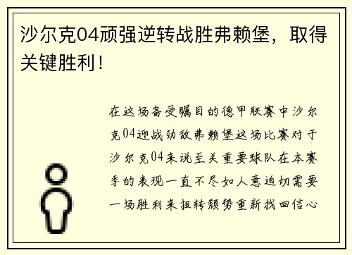 沙尔克04顽强逆转战胜弗赖堡,取得关键胜利!